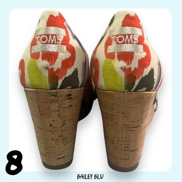 TOMS Stella Tangerine Watercolor Floral Peep Toe Wedge Sandal Heels Shoes 8 New - Picture 5 of 7